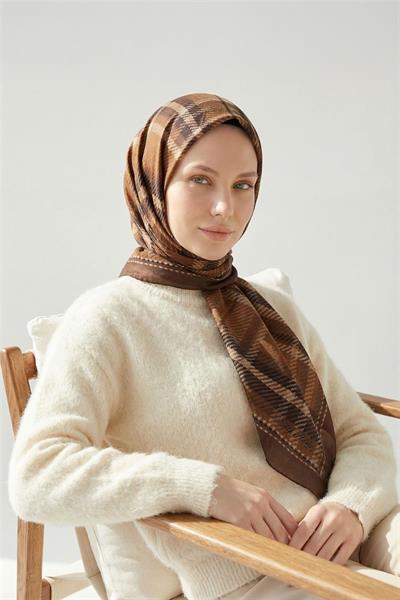 Viskon Velora Eşarp Çikolata Kahve Ekose Desenli Tok Duruşlu Kaymaz 90x90