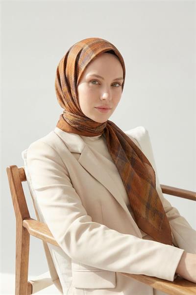 Viskon Velora Eşarp Ekose Desenli Kiremit Tok Duruşlu Dört Mevsim 90x90