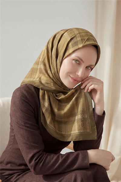 Viskon Velora Eşarp Ekose Desenli Hardal Tok Duruşlu Dört Mevsim 90x90