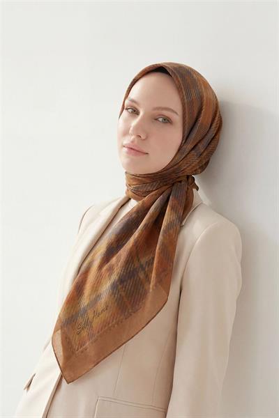 Viskon Velora Eşarp Ekose Desenli Kiremit Tok Duruşlu Dört Mevsim 90x90