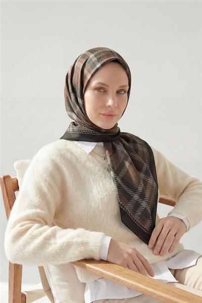 Viskon Velora Eşarp Acı Kahve Ekose Desenli Tok Duruşlu Kaymaz 90x90