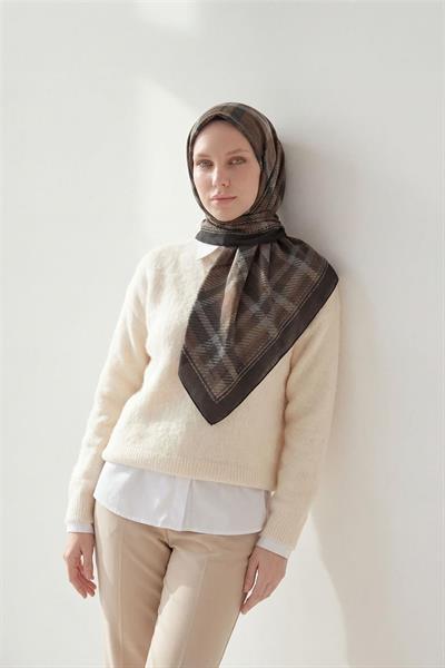Viskon Velora Eşarp Acı Kahve Ekose Desenli Tok Duruşlu Kaymaz 90x90