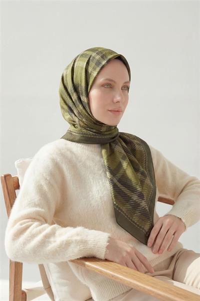 Viskon Velora Eşarp Ekose Desenli Yeşil-Gri Tok Duruşlu Dört Mevsim 90x90
