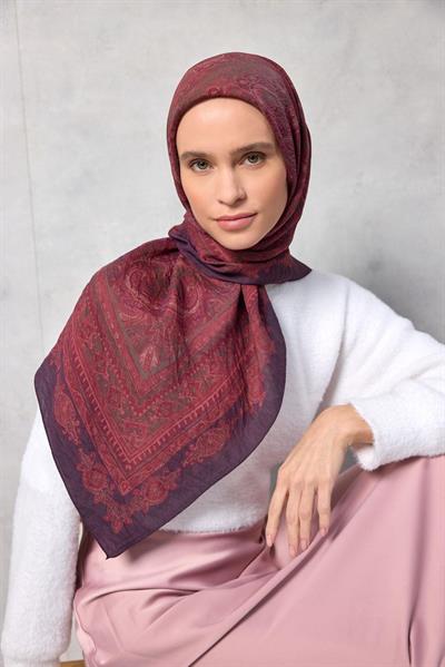 Viskon Velora Eşarp Koyu Mor Desenli Dört Mevsim Hafif 90x90
