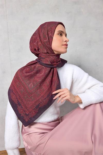 Viskon Velora Eşarp Koyu Mor Desenli Dört Mevsim Hafif 90x90
