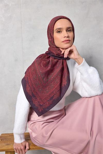 Viskon Velora Eşarp Koyu Mor Desenli Dört Mevsim Hafif 90x90