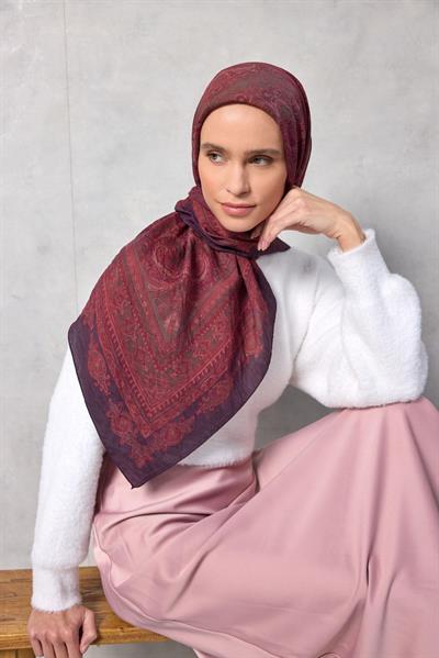 Viskon Velora Eşarp Koyu Mor Desenli Dört Mevsim Hafif 90x90