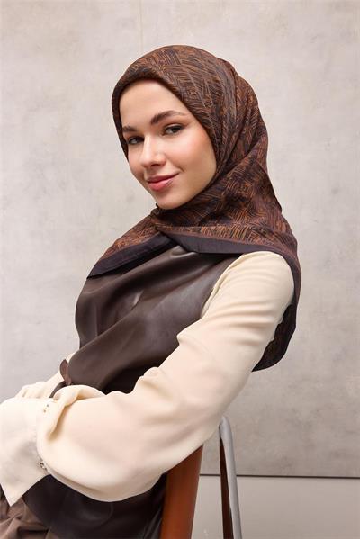 Viskon Velora Eşarp Taba Tonlu Labirent Desenli Tok Duruşlu 90x90