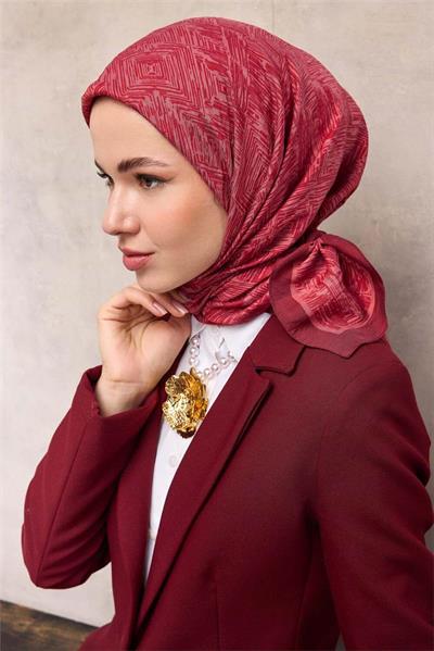 Viskon Velora Eşarp Bordo Labirent Desenli Tok Duruşlu Kaymaz 90x90