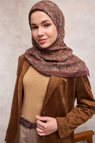 Viskon Velora Eşarp Kahve Bordo Tonlu Labirent Desenli Tok Duruşlu 90x90