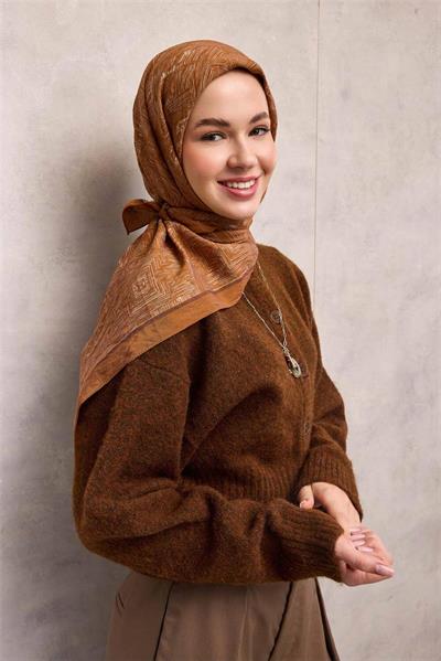 Viskon Velora Eşarp Taba Labirent Desenli Tok Duruşlu Kaymaz 90x90