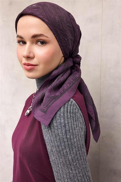 Viskon Velora Eşarp Eflatun Tonlu Labirent Desenli Tok Duruşlu 90x90