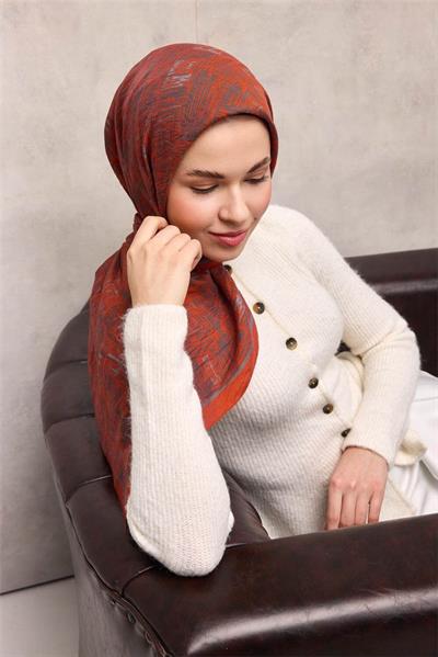 Viskon Velora Eşarp Turuncu Labirent Desenli Tok Duruşlu Kaymaz 90x90