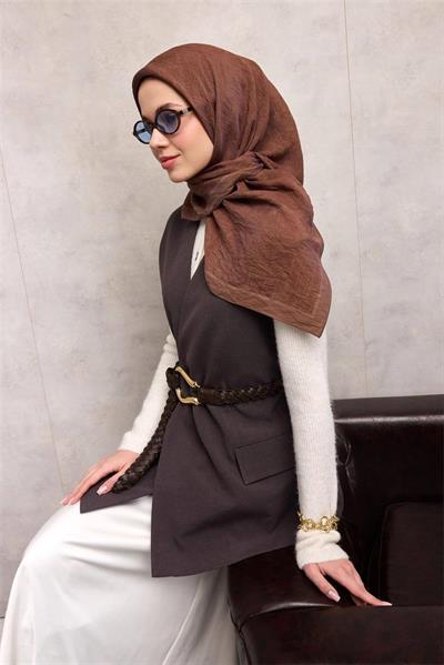 Viskon Velora Eşarp Kahverengi Labirent Desenli Tok Duruşlu Dört Mevsim 90x90