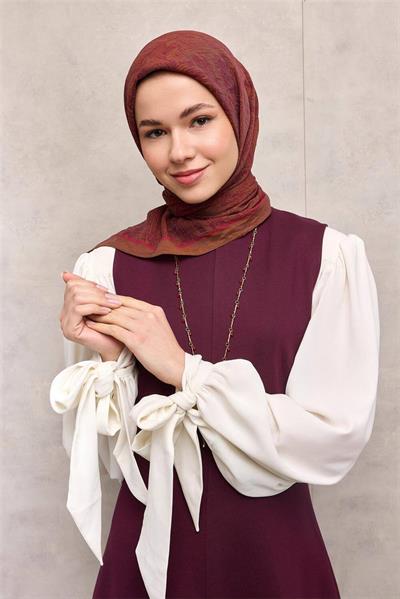 Viskon Velora Eşarp Tarçın Labirent Desenli Tok Duruşlu Kaymaz 90x90