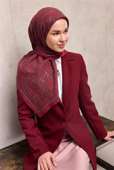 Viskon Velora Eşarp Vişne Labirent Desenli Tok Duruşlu Kaymaz 90x90