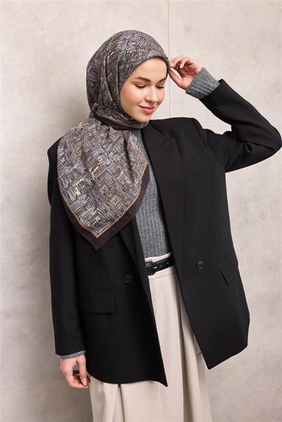 Viskon Velora Eşarp Acı Kahve Labirent Desenli Tok Duruşlu Kaymaz 90x90