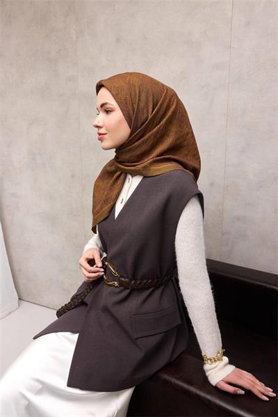 Viskon Velora Eşarp Yağ Yeşili Labirent Desenli Tok Duruşlu Kaymaz 90x90