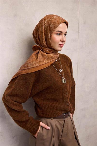 Viskon Velora Eşarp Taba Labirent Desenli Tok Duruşlu Kaymaz 90x90