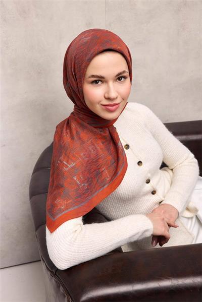 Viskon Velora Eşarp Turuncu Labirent Desenli Tok Duruşlu Kaymaz 90x90