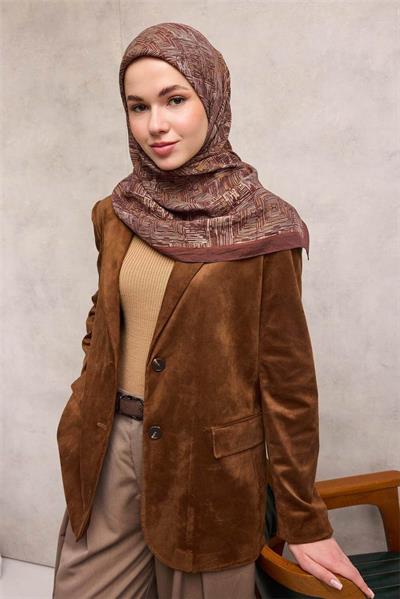 Viskon Velora Eşarp Kahve Bordo Tonlu Labirent Desenli Tok Duruşlu 90x90