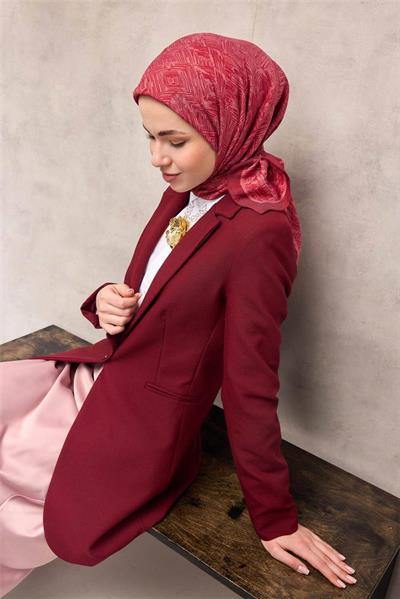 Viskon Velora Eşarp Bordo Labirent Desenli Tok Duruşlu Kaymaz 90x90