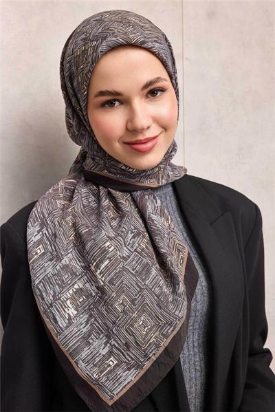 Viskon Velora Eşarp Acı Kahve Labirent Desenli Tok Duruşlu Kaymaz 90x90