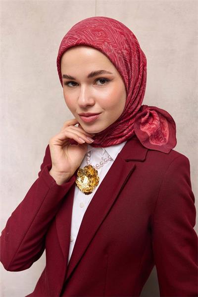 Viskon Velora Eşarp Bordo Labirent Desenli Tok Duruşlu Kaymaz 90x90