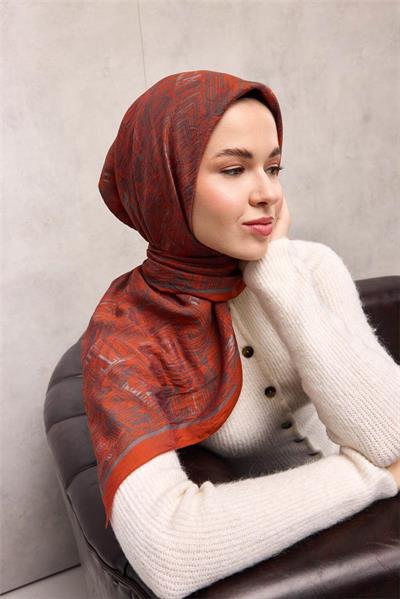 Viskon Velora Eşarp Turuncu Labirent Desenli Tok Duruşlu Kaymaz 90x90