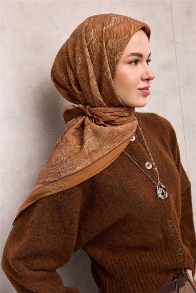 Viskon Velora Eşarp Taba Labirent Desenli Tok Duruşlu Kaymaz 90x90