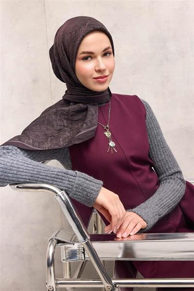 Viskon Velora Eşarp Koyu Vizon Labirent Desenli Tok Duruşlu 90x90