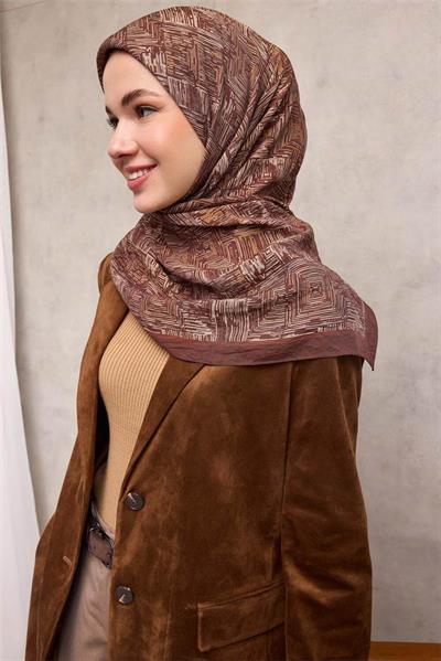 Viskon Velora Eşarp Kahve Bordo Tonlu Labirent Desenli Tok Duruşlu 90x90