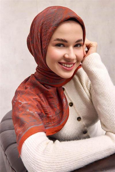 Viskon Velora Eşarp Turuncu Labirent Desenli Tok Duruşlu Kaymaz 90x90