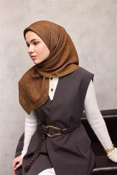 Viskon Velora Eşarp Yağ Yeşili Labirent Desenli Tok Duruşlu Kaymaz 90x90