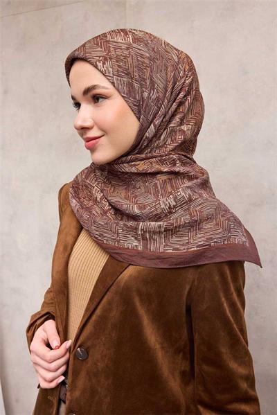 Viskon Velora Eşarp Kahve Bordo Tonlu Labirent Desenli Tok Duruşlu 90x90