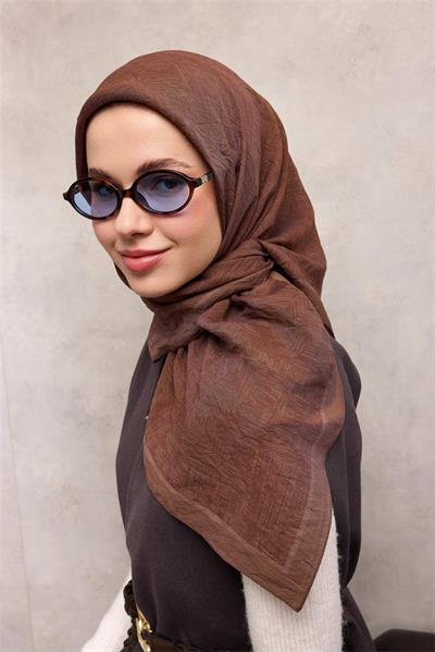 Viskon Velora Eşarp Kahverengi Labirent Desenli Tok Duruşlu Dört Mevsim 90x90