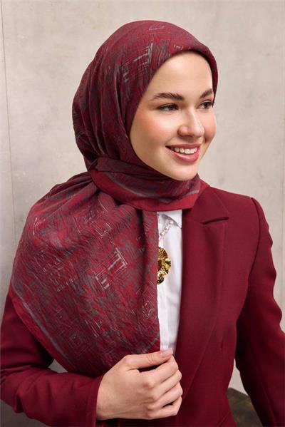 Viskon Velora Eşarp Vişne Labirent Desenli Tok Duruşlu Kaymaz 90x90