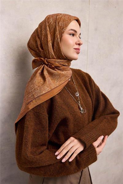 Viskon Velora Eşarp Taba Labirent Desenli Tok Duruşlu Kaymaz 90x90