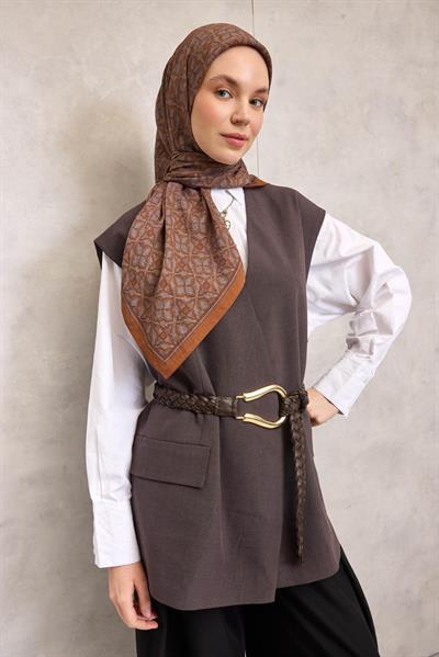 Viskon Velora Eşarp Taba Yonca Desenli Tok Duruşlu 90x90