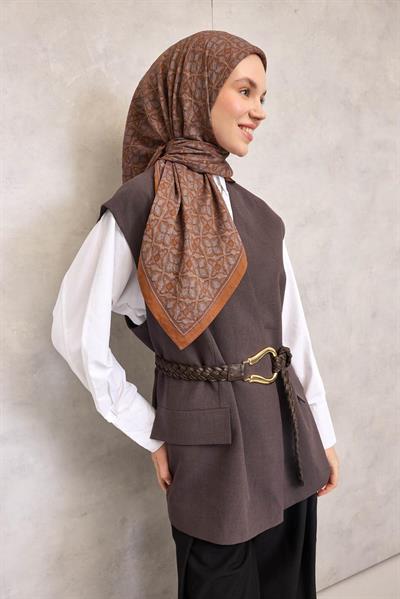 Viskon Velora Eşarp Taba Yonca Desenli Tok Duruşlu 90x90