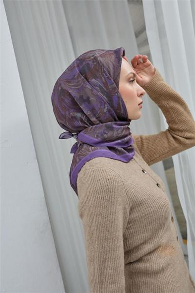 Viskon Velora Eşarp Eflatun Desenli Yumuşak Dokulu Tok Duruşlu 90x90