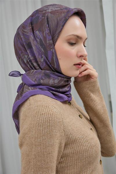 Viskon Velora Eşarp Eflatun Desenli Yumuşak Dokulu Tok Duruşlu 90x90