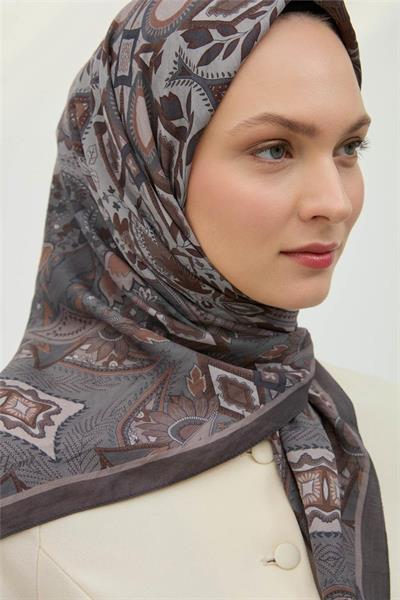 Viskon Velora Eşarp Füme-Gümüş Desenli Kaymaz Tok Duruşlu 90x90