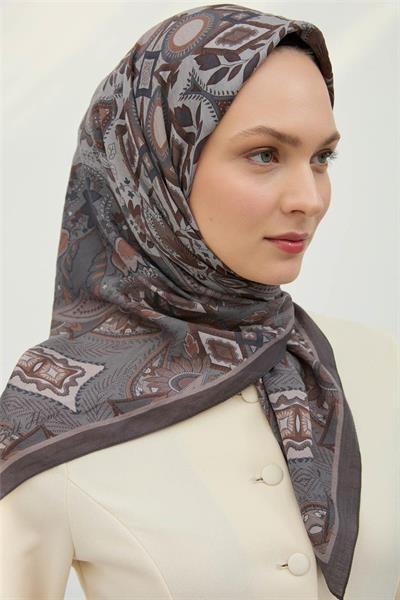Viskon Velora Eşarp Füme-Gümüş Desenli Kaymaz Tok Duruşlu 90x90