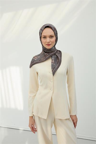 Viskon Velora Eşarp Füme-Gümüş Desenli Kaymaz Tok Duruşlu 90x90