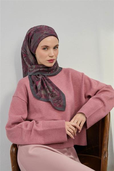 Viskon Velora Eşarp Füme Mürdüm Desenli Yumuşak Dokulu Tok Duruşlu 90x90