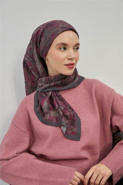 Viskon Velora Eşarp Füme Mürdüm Desenli Yumuşak Dokulu Tok Duruşlu 90x90