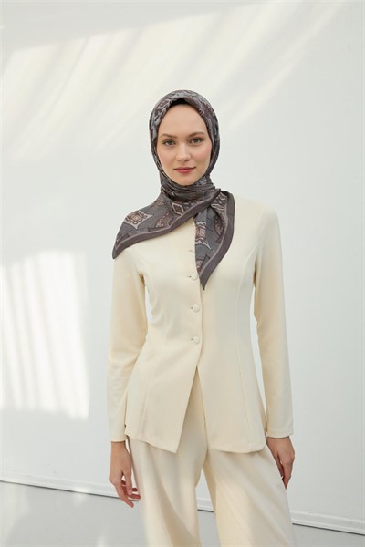 Viskon Velora Eşarp Füme-Gümüş Desenli Kaymaz Tok Duruşlu 90X90
