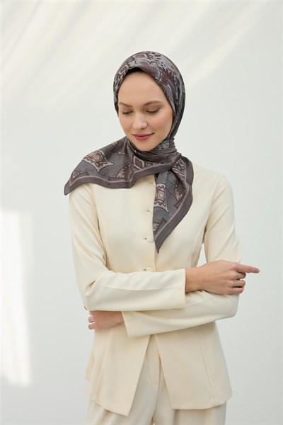 Viskon Velora Eşarp Füme-Gümüş Desenli Kaymaz Tok Duruşlu 90X90