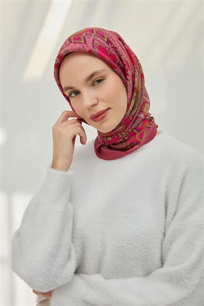 Viskon Velora Eşarp Gül Pembe Çok Renkli Desenli Tok Duruşlu 90x90